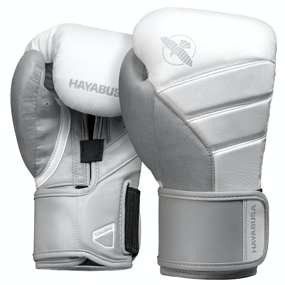 Hayabusa T3 Boxing Gloves for Men and Women Wrist and Knuckle Protection, Dual-X Hook and Loop Closure, Splinted Wrist Support, 5 Layer Foam Knuckle Padding - White/Grey, 18 oz