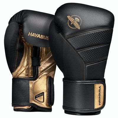 Hayabusa T3 Boxing Gloves for Men and Women Wrist and Knuckle Protection, Dual-X Hook and Loop Closure, Splinted Wrist Support, 5 Layer Foam Knuckle Padding - Black/Gold, 18 oz