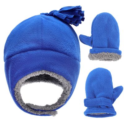 Baby & Toddler Sherpa Lined Fleece Winter Hat & Mitten Set - Warm Snow Trapper Pom Hat & Gloves for Infant Kids, Boys & Girls