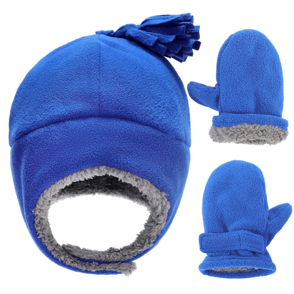 Baby & Toddler Sherpa Lined Fleece Winter Hat & Mitten Set - Warm Snow Trapper Pom Hat & Gloves for Infant Kids, Boys & Girls
