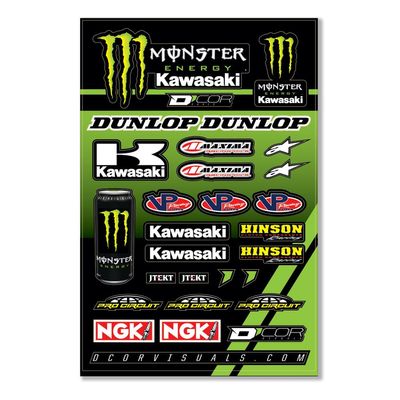 D'cor Visuals Racing Decal Sheet Compatible with Monster Kawasaki 12mil Vinyl Graphics Durable MX Stickers for Dirt Bikes, Trailers, Gear 19x12