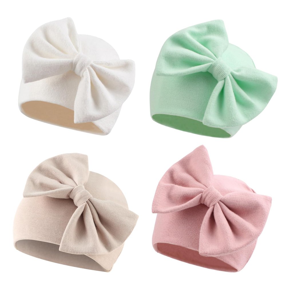 Bamery Newborn Baby Girl Hat Cotton Baby Bow Beanie Preemie Hats Spring Infant Hats for Girls 0-12 Months (4PACK-C, Preemie)