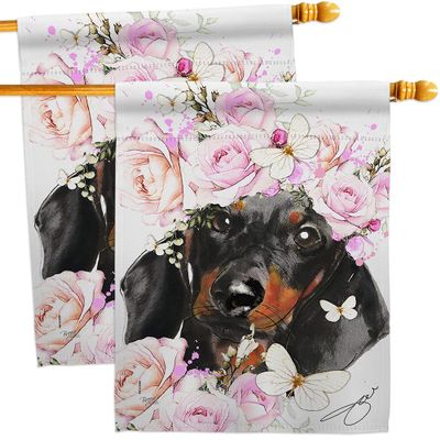 Breeze Decor Dachshund Floral House Flag 2 pcs Pack Dog Puppy Spoiled Paw Canine Fur Pet Nature Farm Animal Creature Decoration Banner Small Garden Yard Gift Double-Sided, Made in USA