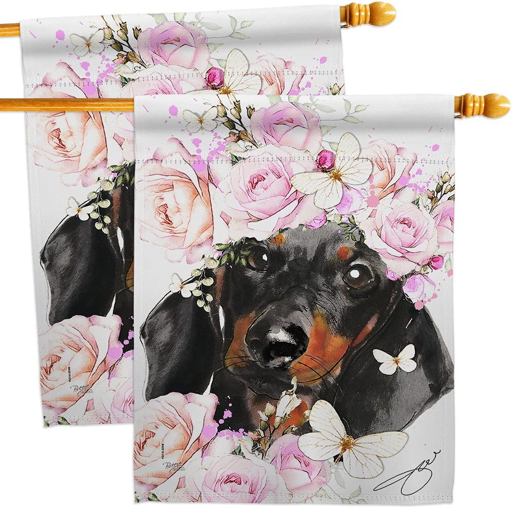 Breeze Decor Dachshund Floral House Flag 2 pcs Pack Dog Puppy Spoiled Paw Canine Fur Pet Nature Farm Animal Creature Decoration Banner Small Garden Yard Gift Double-Sided, Made in USA