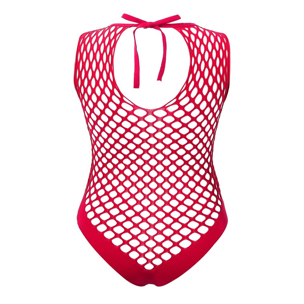 TSSOE Fishnet Lingerie Bodysuit for Women Hollow Out See Through One Piece Monokini Swimsuit Red Netted One Size