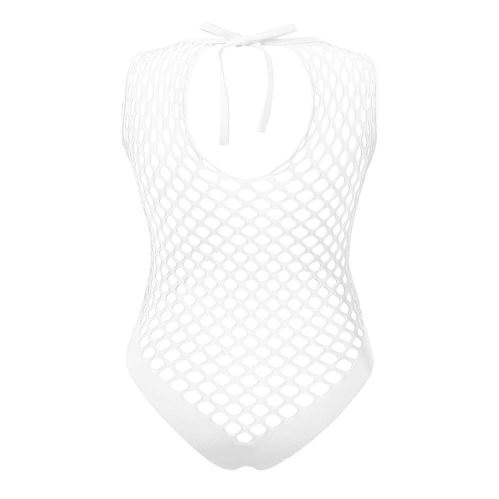 TSSOE Fishnet Lingerie Bodysuit for Women Hollow Out See Through One Piece Monokini Swimsuit White Netted One Size