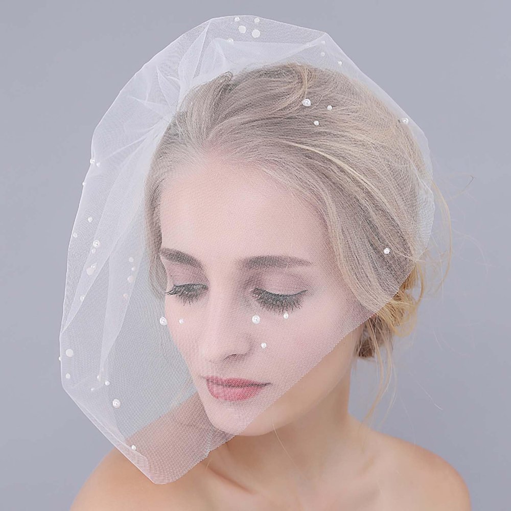 Olbye Bridal Wedding Birdcage Veil With Comb - Short White Lace 1T Bride Pearl Veil for Tea Party Fascinator Prom