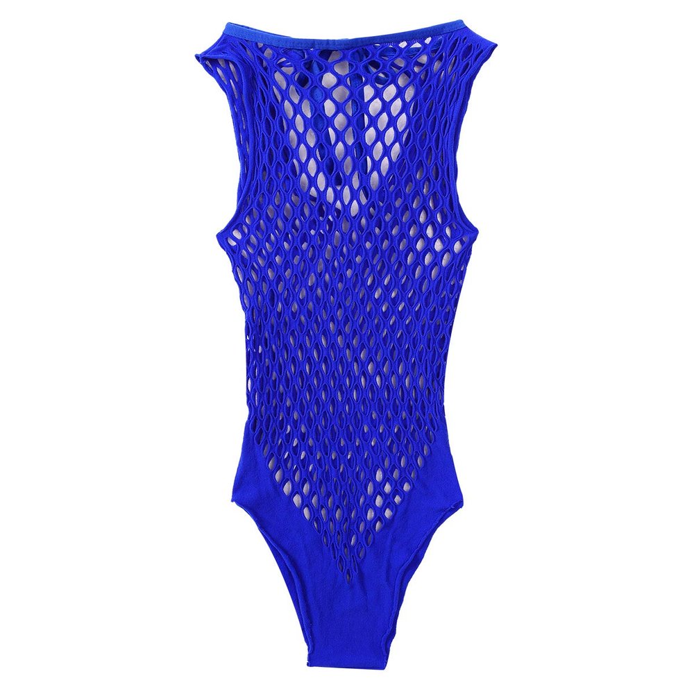 TSSOE Fishnet Lingerie Bodysuit for Women Hollow Out See Through One Piece Monokini Swimsuit Royal Blue Netted One Size