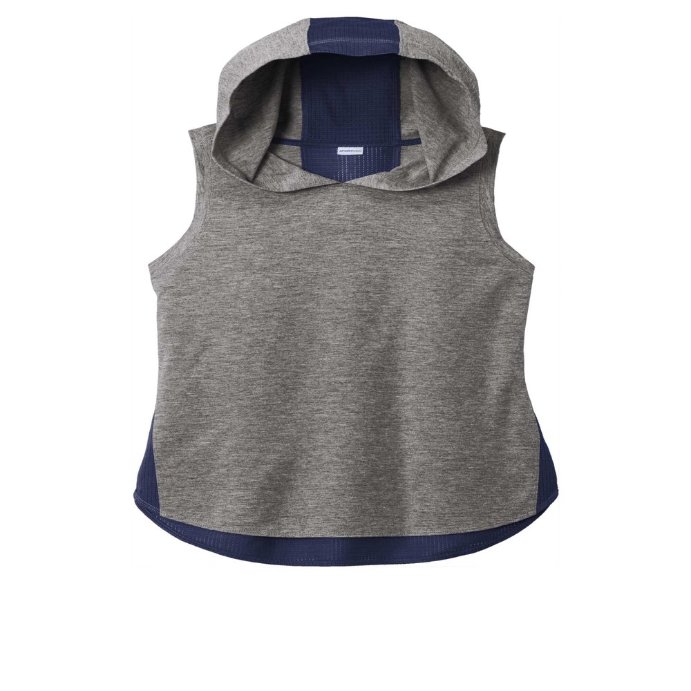 SPORT-TEK Women's PosiCharge Tri-Blend Wicking Draft Hoodie Tank LST410, True Navy/Dark Grey Heather, Small