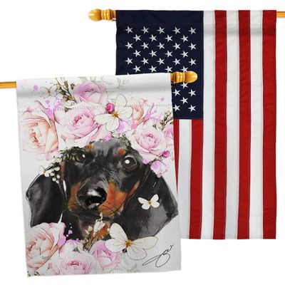 Breeze Decor Dachshund Floral House Flag Pack Dog Puppy Spoiled Paw Canine Fur Pet Nature Farm Animal Creature Embroidery Decoration Banner Small Garden Yard Gift Double-Sided, Made in USA