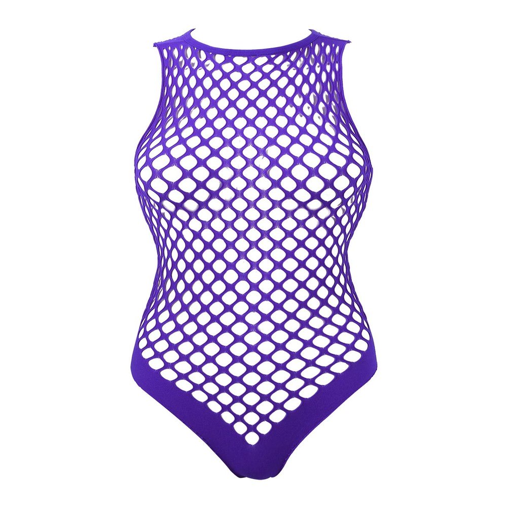 TSSOE Fishnet Lingerie Bodysuit for Women Hollow Out See Through One Piece Monokini Swimsuit Violet Netted One Size