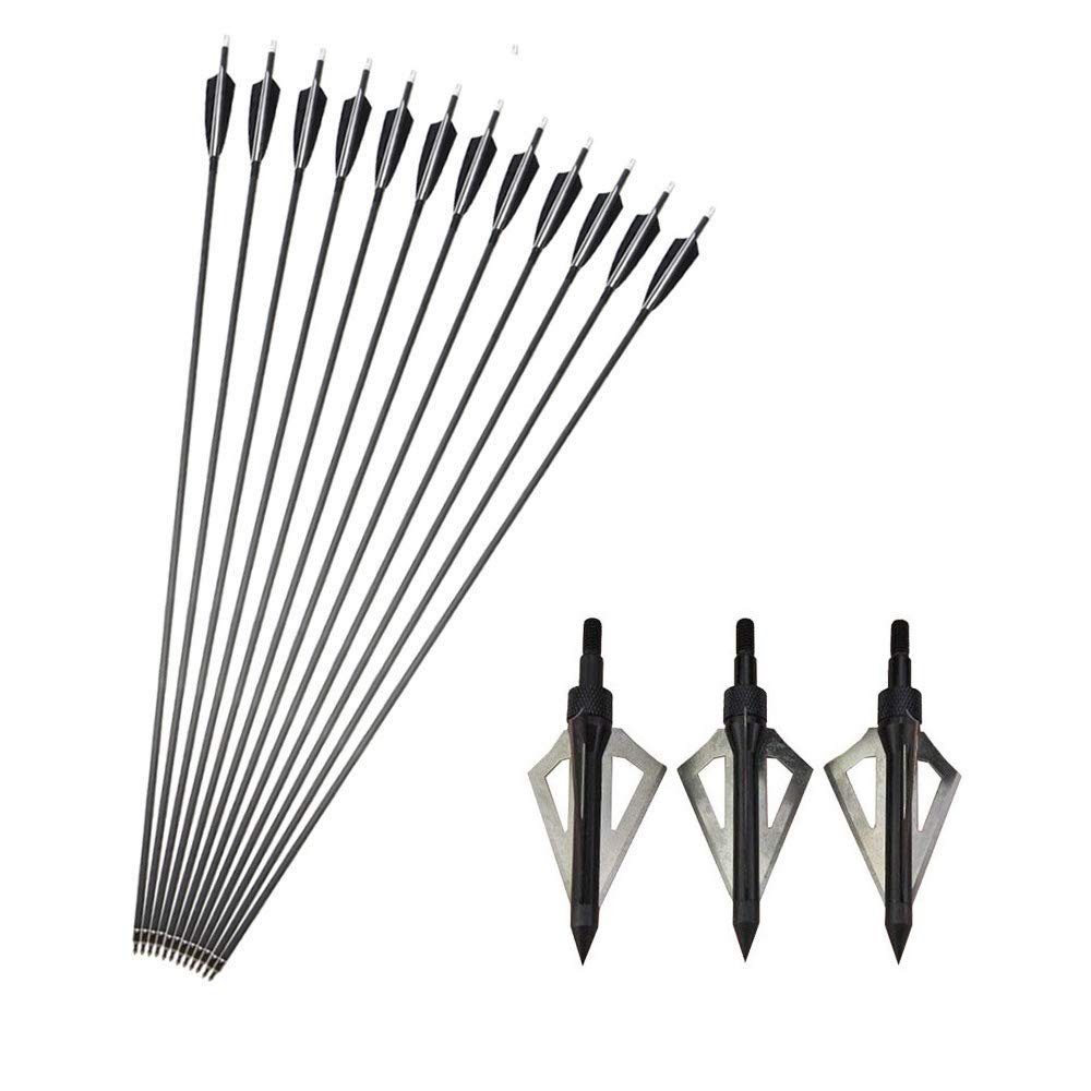 MILAEM 12 Pcs 34 Inch Archery High Percentage Carbon Arrows Spine 500 Practice Hunting Carbon Fiber Arrows with Turkey Feather and Removeable Tips (12pcs Arrow + broadheads)