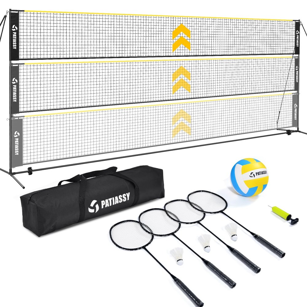 Patiassy Portable Badminton Volleyball Pickleball Net for Backyard, 17FT Combo Set with 5.1ft-7.4ft Adjustable Height for Outdoor Driveway Games, 4 Rackets, 3 Shuttlecocks, 1 Ball and Carry Bag