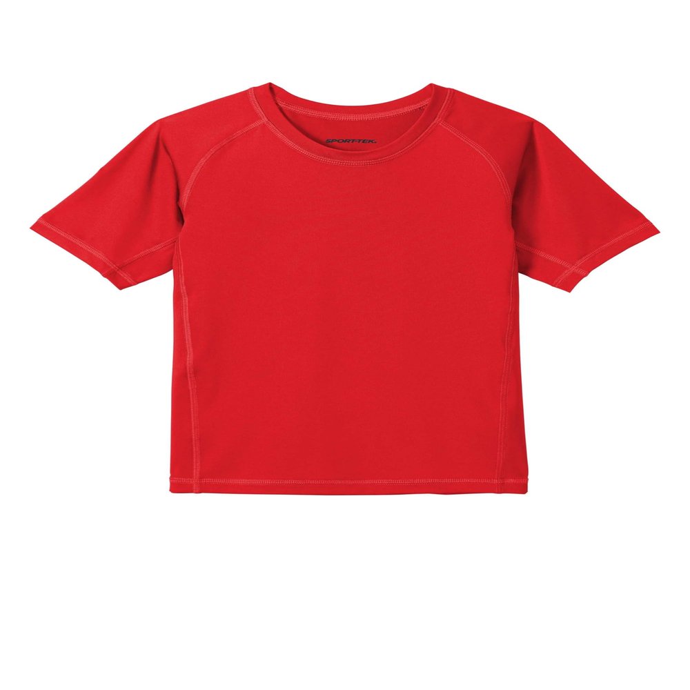SPORT-TEK Youth Rashguard Tee | Short Sleeve Shirt for Boys & Girls, Athletic Fit Summer Clothing with UPF 50 Rating for Kids True Red
