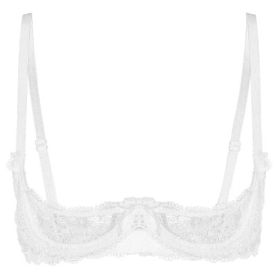 Aislor Women's Sexy Sheer Lace 1/4 Cups Push Up Underwire Bra Tops Balconette Bralette White Medium