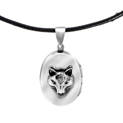 AeraVida Clever Fox Face on Oval Shaped .925 Sterling Silver Locket Necklace with Cotton Cord | Stylish and Unique Women's Fashion Jewelry Accessory