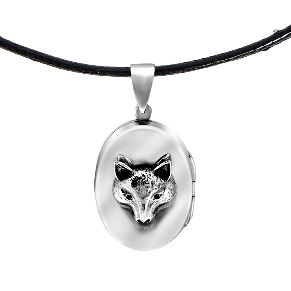 AeraVida Clever Fox Face on Oval Shaped .925 Sterling Silver Locket Necklace with Cotton Cord | Stylish and Unique Women's Fashion Jewelry Accessory