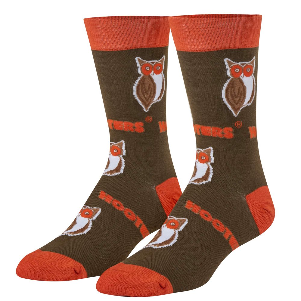 Crazy Socks Hooters Crew Socks Officially Licensed Restaurant Logo Novelty Socks Unisex Large Brown & Orange Crew Fun Gift for Food & Sports Fans