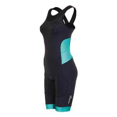 Kona Women's Triathlon Race Suit - Speedsuit Skinsuit Trisuit Sleeveless - One-Piece Vest and Short Combo with Body-Mapped Ventilation (Black/Teal, Medium - Size 6)