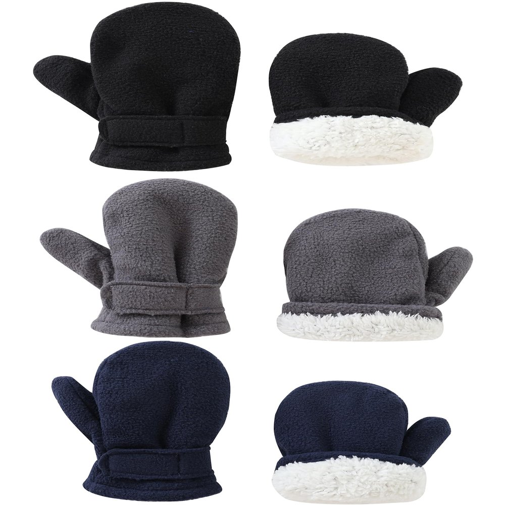 Baby Toddler Mittens Boys Girls Winter Outdoor Gloves Kids Easy-On Fleece Warm Mitterns Black Gray Navy 3 Pairs M1-2 years