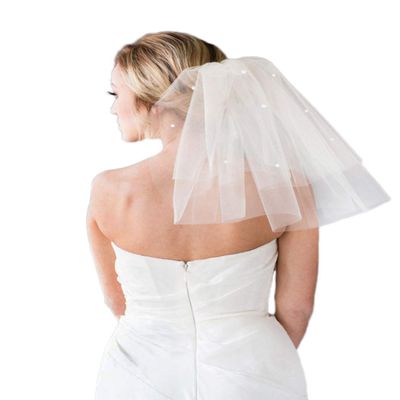 CASDRE Short Wedding Veil 2 Tier Pearl Bridal Veil Bachelorette Party Hair Accessory Shoulder Length Cut Edge Veil for Brides(A White)
