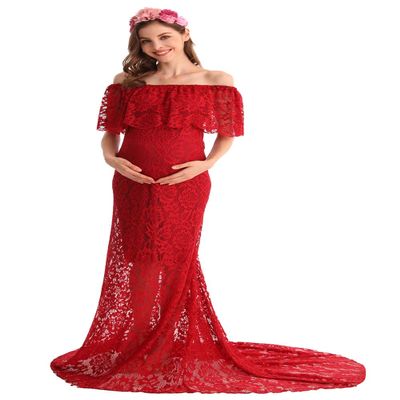 MYRISAM Women Off The Shoulder Lace Maternity Dress Bridesmaid Wedding Evening Baby Shower Dress Maxi Photography Gown Deep Red L