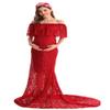 MYRISAM Women Off The Shoulder Lace Maternity Dress Bridesmaid Wedding Evening Baby Shower Dress Maxi Photography Gown Deep Red L view 1