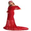 MYRISAM Women Off The Shoulder Lace Maternity Dress Bridesmaid Wedding Evening Baby Shower Dress Maxi Photography Gown Deep Red L view 2