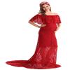 MYRISAM Women Off The Shoulder Lace Maternity Dress Bridesmaid Wedding Evening Baby Shower Dress Maxi Photography Gown Deep Red L view 3