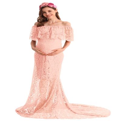 MYRISAM Women Off The Shoulder Lace Maternity Dress Bridesmaid Wedding Evening Baby Shower Dress Maxi Photography Gown Pink M