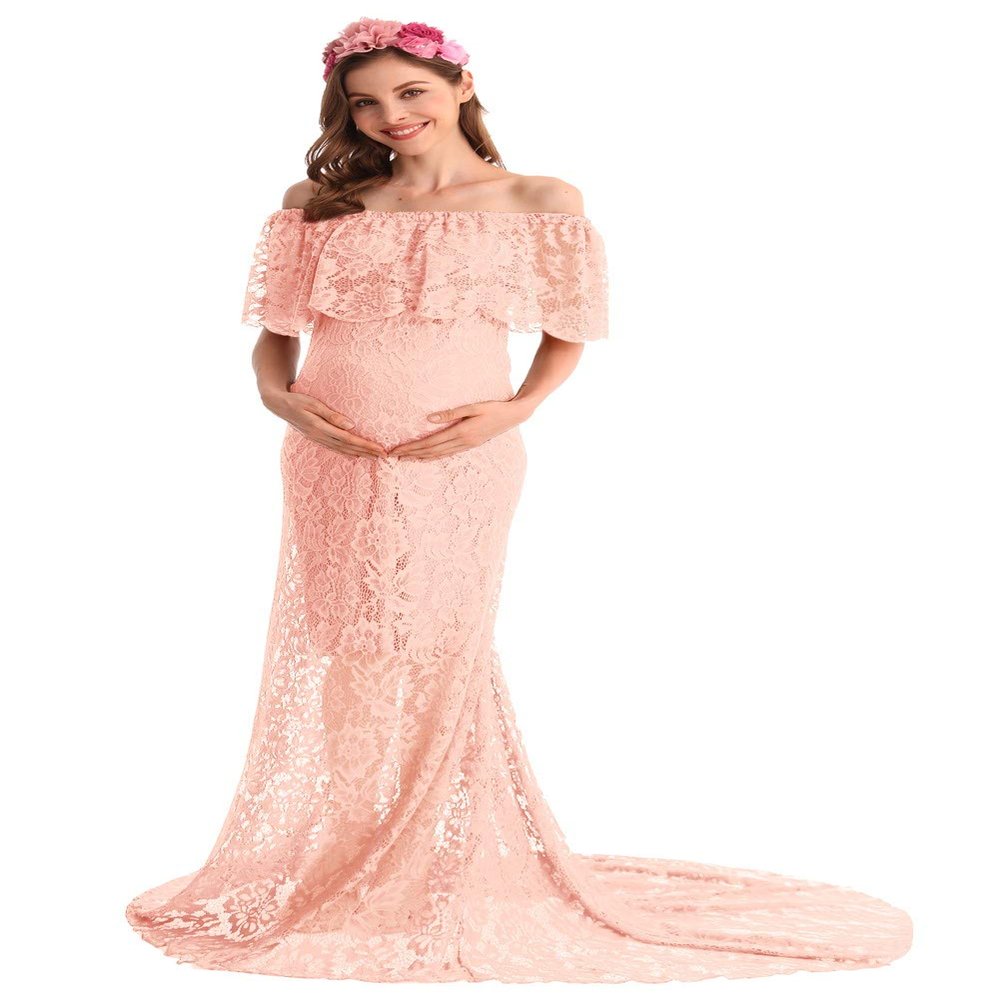 MYRISAM Women Off The Shoulder Lace Maternity Dress Bridesmaid Wedding Evening Baby Shower Dress Maxi Photography Gown Pink M