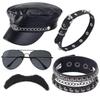 Beelittle Biker Costume Accessories Black Biker 80s Hat Punk Rock Sunglasses Mustache Gothic Biker Rocker Accessories Set for Men Women (A) view 1