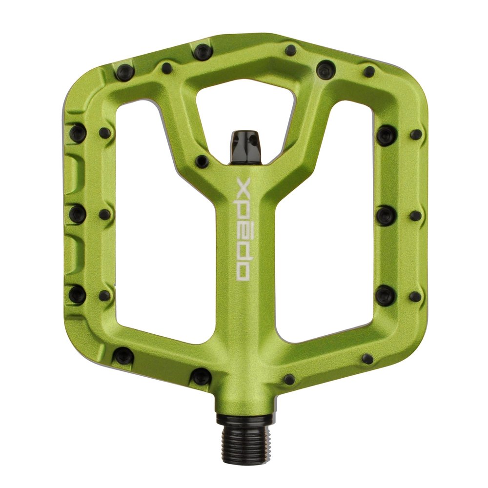 XPEDO Trident Flat Pedals | 6061 Forged Aluminum Body, Cromoly Spindle, Ultra-Thin 10mm Profile, 48 Grub Pins, 350g Pair  Ideal for MTB, Downhill, Dirt Jumping | Green
