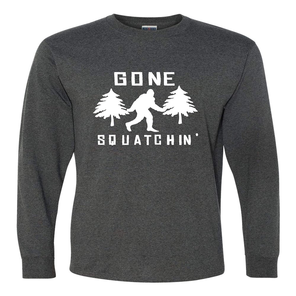 Go All Out XX-Large Black Heather Adult Gone Squatchin' Gone Squatching Bigfoot Sasquatch Long Sleeve T-Shirt