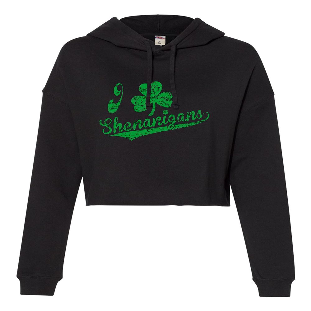 Go All Out Large Black Womens I Shamrock Shenanigans Clover St. Patricks Day Cropped Hooded Sweatshirt