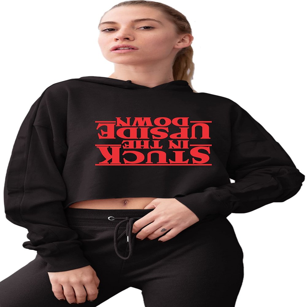 Medium Black Women Stuck In The Upside Down Cropped Hooded Sweatshirt