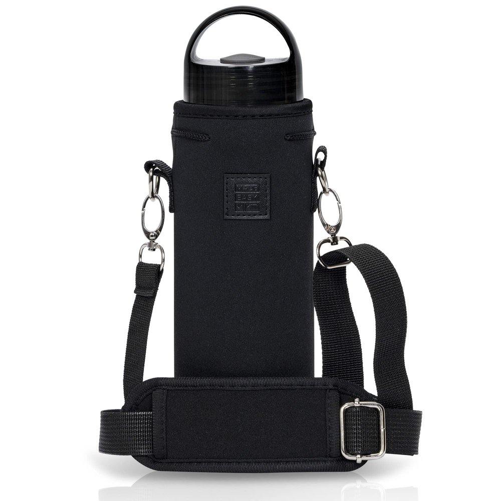Made Easy Kit Neoprene Water Bottle Carrier Holder with Adjustable Shoulder Strap for Insulating & Carrying Water Container Canteen Flask Available in 5 Sizes (Black, M (16oz-22oz))