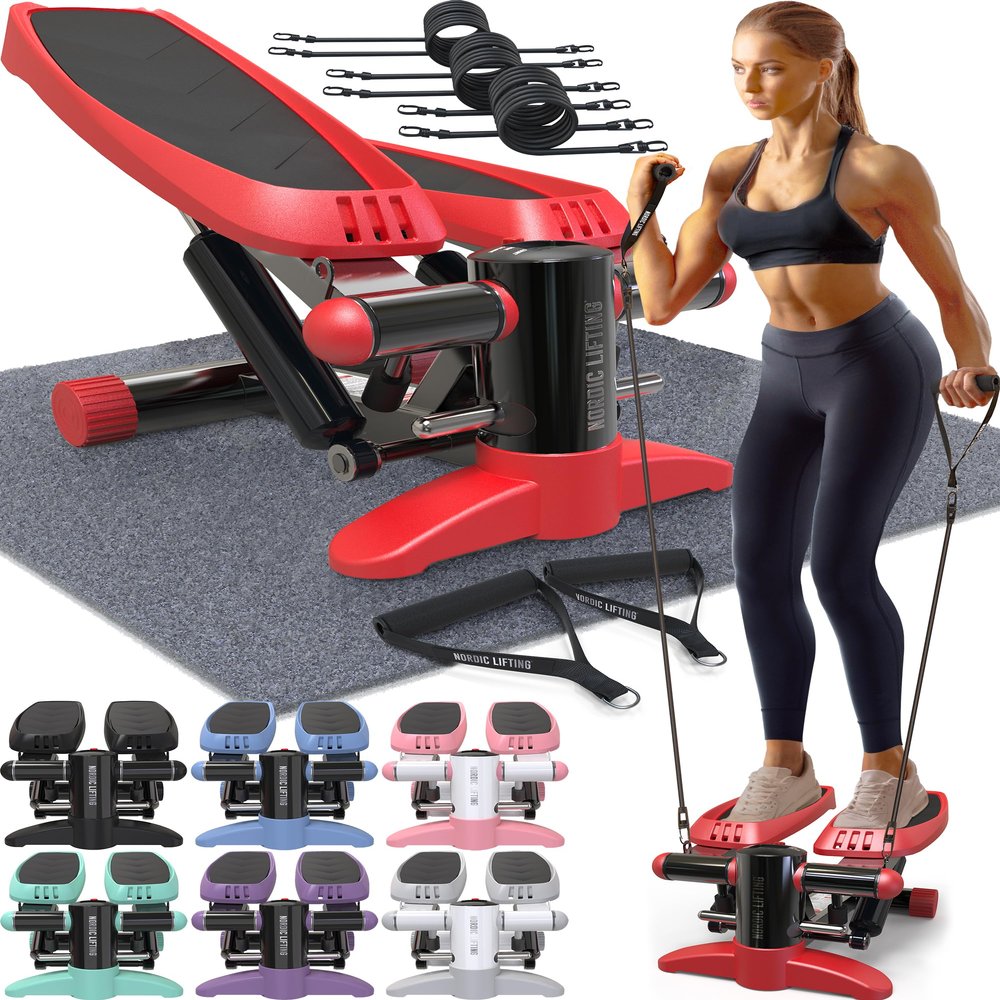 Nordic Lifting Mini Stepper & Stair Climber Red Compact Fitness Stepper w/Resistance Bands, LCD Monitor, 330LB Weight Limit Home Leg & Thigh Workout Machine