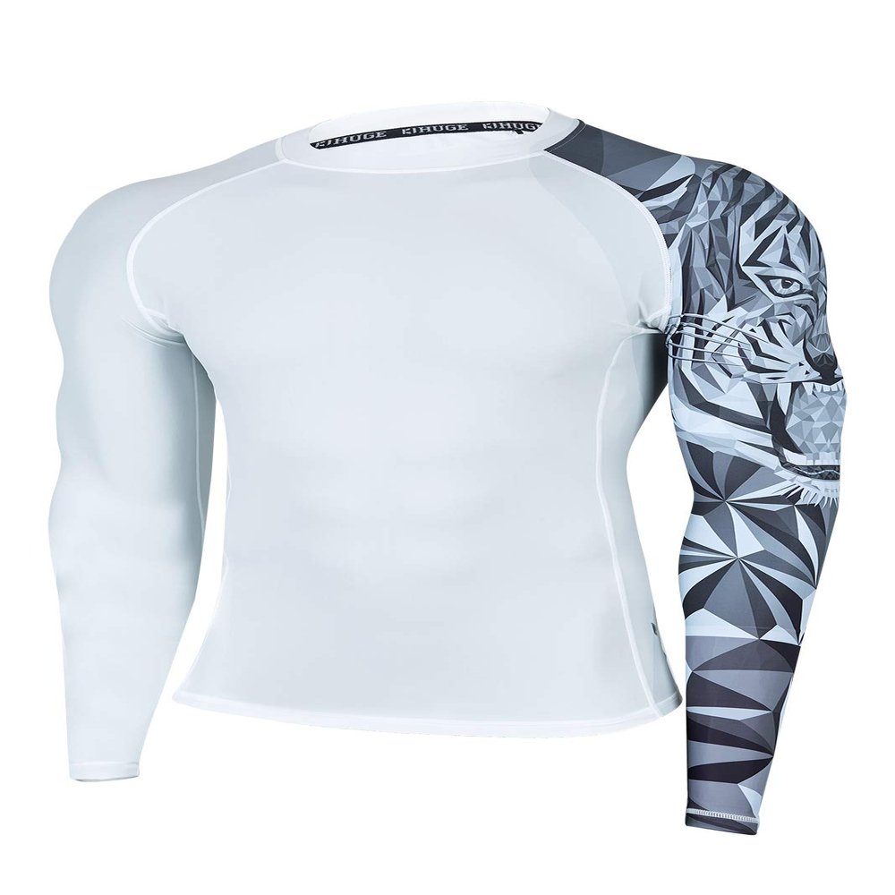 HUGE SPORTS Wildling Series UV Protection Quick Dry Compression Rash Guard(White Tiger,3XL)