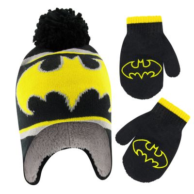 DC Comics Boys Winter Accessory Hat And Mittens Set, Batman Toddler Beanie For Ages 2-4, Black/Yellow