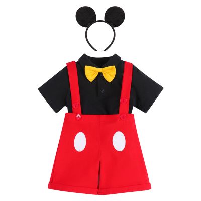 IBTOM CASTLE Gentleman First Birthday Cake Smash Photo Prop Outfits for Baby Boys Romper+Bow Tie+Overalls Bib Pants Ears Headband Baby Shower Red+Balck 0-6 Months