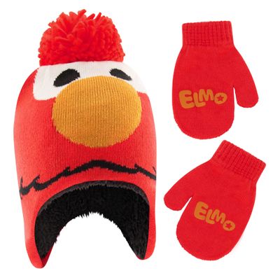 Sesame Street Boys Winter Accessory Hat and Mittens Set, Elmo Toddler Beanie and Mittens for Kids Ages 2-4, Red/Orange