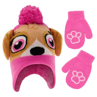 Nickelodeon Girls Winter Hat And Mittens Set, Paw Patrol's Marshall, Chase and Skye Toddler Beanie For Ages 2-4, Pink