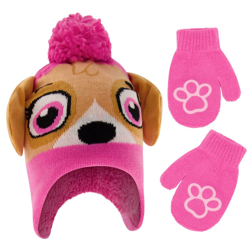 Nickelodeon Girls Winter Hat And Mittens Set, Paw Patrol's Marshall, Chase and Skye Toddler Beanie For Ages 2-4, Pink