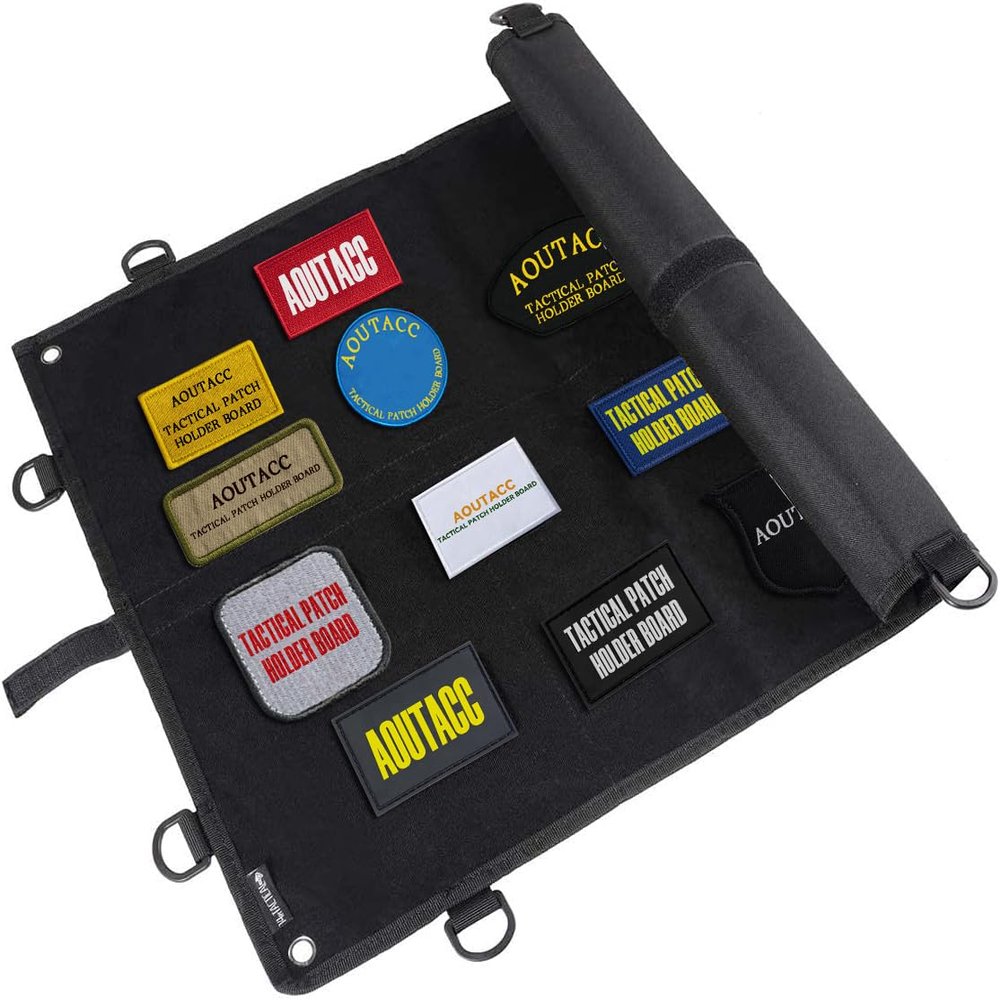 AOUTACC Tactical Military Patch Holder Board Hook & Loop Morale Patch Panel, Tactical Patch Display Panel with Straps for Military Army Uniform Hook and Loop Badges (60x45cm, Black)