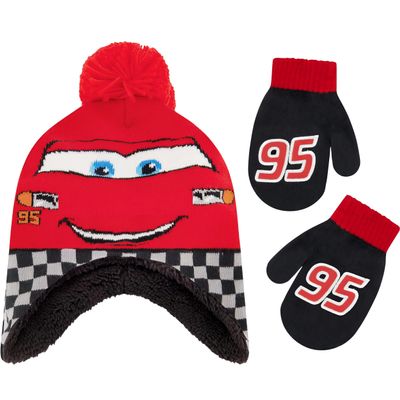 Disney Boys Winter Hat And Mitten Set, Cars Lightning McQueen Toddler Beanie For Ages 2-4, Red/Black/White