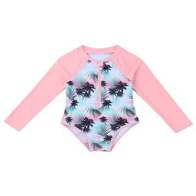 Hansber Girls One Piece Swimwear Rash Guard Long Sleeves Palm Printed Sun Protection Swimsuit Swimming Costume Pink 4