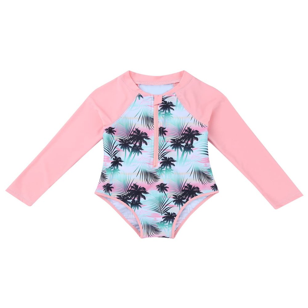 Hansber Girls One Piece Swimwear Rash Guard Long Sleeves Palm Printed Sun Protection Swimsuit Swimming Costume Pink 4