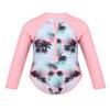 Hansber Girls One Piece Swimwear Rash Guard Long Sleeves Palm Printed Sun Protection Swimsuit Swimming Costume Pink 4 view 3