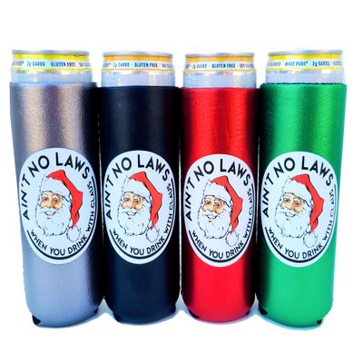 4 Pack | Holiday Ain't No Laws Slim Can Neoprene Cooler| Perfect for 12oz Slim Can White Claws (Holiday- Red/Green/Black/Silver)